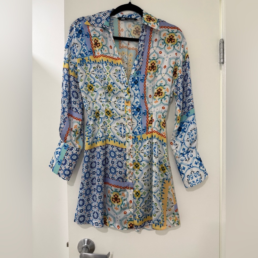 Zara Blue and Orange Patterned Button Down Dress
